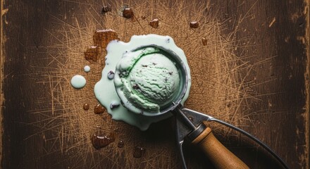 Gourmet mint chocolate chip ice cream in a vintage scoop. Delicious frozen dessert melting on a rustic wooden surface. Top view of a sweet summer treat for culinary marketing