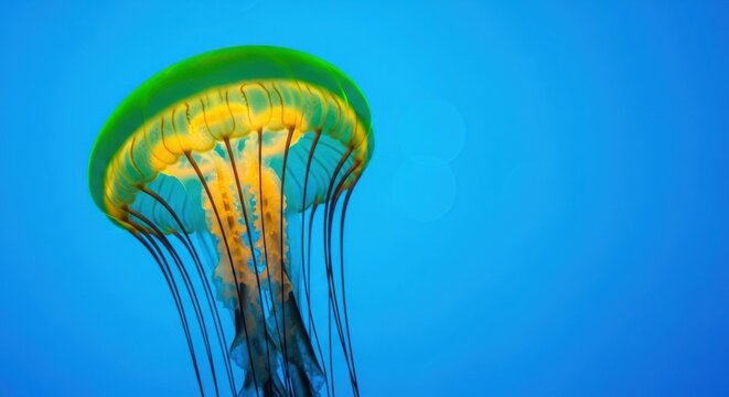 Luminous green and yellow jellyfish with long tentacles. Exotic marine life specimen. Underwater wildlife and ocean conservation concept. Abstract nature design element