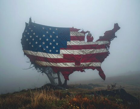 Foggy landscape featuring the U.S. map outlined with an American flag - Powered by Adobe