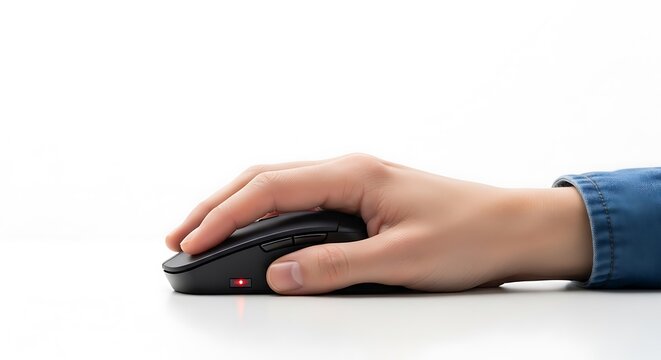 Human Hand Operating a Black Wireless Computer Mouse with Red LED Light person finger