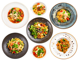 A variety of colorful pasta dishes served in different bowls showcasing diverse ingredients and vibrant presentation