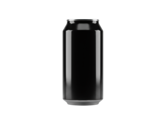 a hyperdetailed 330ml glossy black aluminum can mockup, seamless and unbranded, isolated on a pure transparent studio background with sharp lighting. concept for beverage branding template