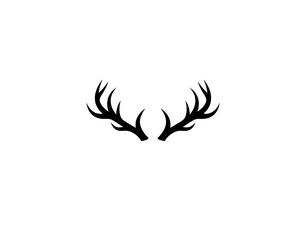 A symmetrical, minimalist emblem depicting a stylized pair of antlers. Simple, black shapes on a stark white background