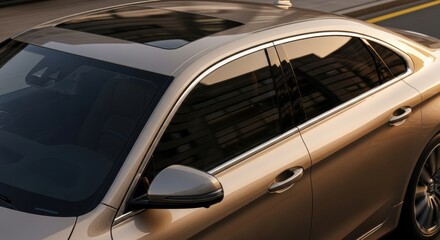 Fototapeta premium Premium sedan driving on a city road. Detailed view of a luxury automobile with a sunroof. Sleek modern automotive design. Executive transport and car sharing service concept