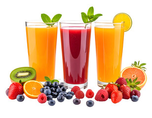 Three tall glasses of colorful fruit juice with fresh berries and citrus slices arranged in front of them