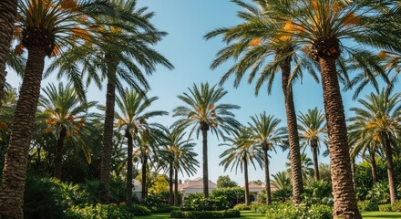 A luxurious palmtree garden with meticulously maintained tropical foliage under the bright sunlight and clear blue sky ,growth ,exotic ,relaxation
