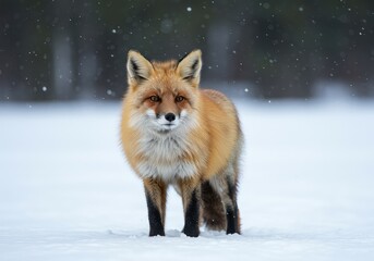 Fototapeta premium A majestic wild red fox stands alertly in a pristine, snowy landscape, showcasing its thick, insulating winter fur coat ,thick fur ,snow ,mammal
