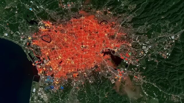 Satellite View of Urban Cityscape with Heatmap Overlay Showing Population Density and Activity