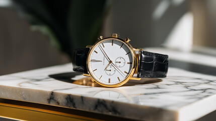 premium wristwatch with leather strap placed on white marble slab, elegant product composition, glossy reflection, high contrast light