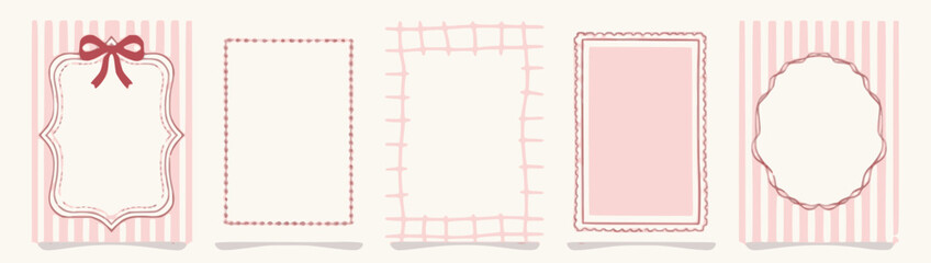 Set of five vector vintage pink frame and card templates with stripes, bow, and decorative borders. Cute, feminine, and elegant design for labels or invitations.