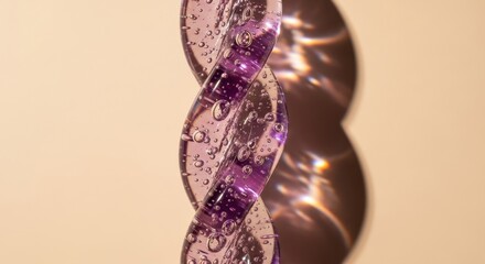 Abstract DNA helix structure. Scientific research and genetic engineering concept. Molecular biology and biotechnology innovation. Purple glass spiral with bubbles and caustic light