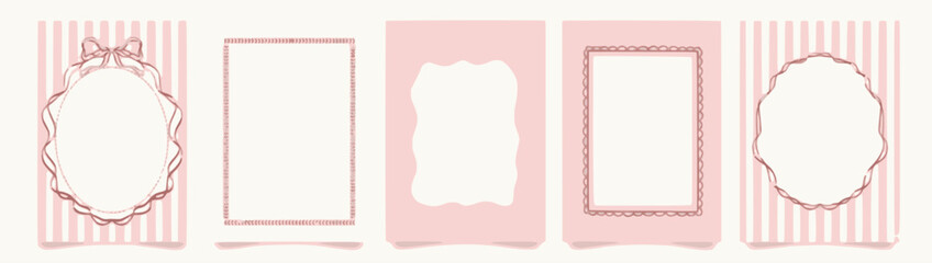 Cute Girly Pink Frame Set: Vector collection of sweet, whimsical vertical striped and solid pink decorative labels, scalloped frames, and blank border elements for design.