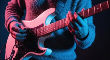 Musician playing electric guitar in vibrant neon light. Creative artist performing a song. Close up detail of hands on fretboard. Modern music lifestyle and entertainment concept