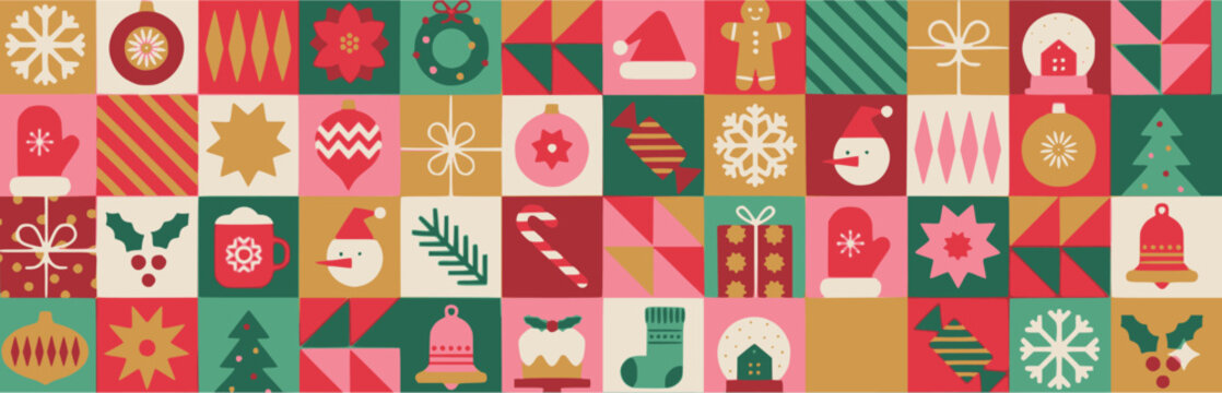 Seamless geometric vector Christmas and holiday pattern grid banner. Flat design tile background with icons like Santa hat, gingerbread, candy cane, and ornaments