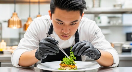 Asian male chef perfecting culinary presentation in professional kitchen