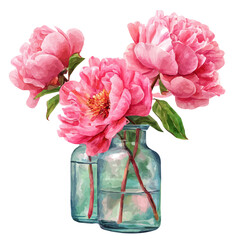 Vector illustration set, eps format, My Watercolor illustration, set of pink peonies in vases png Bouquet in flight Set painting isolated on a white background, EPS painting design © Zizak
