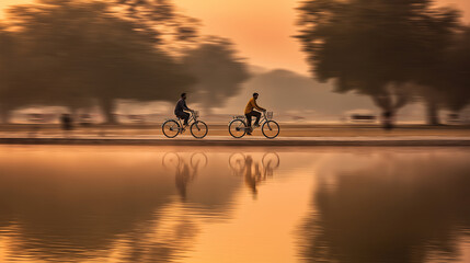 two Indian friends cycling beside a tranquil lakeside park at sunrise, light mist, reflections in water, warm tones, dynamic motion blur