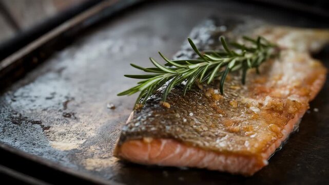 Delicious Seared Salmon Fillet With Crispy Skin and Rosemary Sprigs on a Rustic Baking Sheet With Salt Grains Detailed Macro Shot Warm Lighting Overhead View