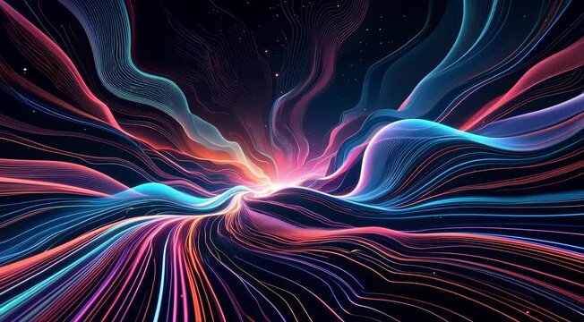 A digital field where flowing lines twist and unravel into complex patterns, only to reset and shift again in sync with subtle synth based music  