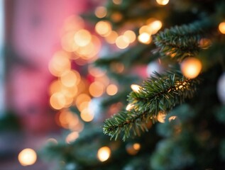 Close-up of Christmas tree branches decorated with warm glowing fairy lights, set against a soft colorful bokeh background, creating a festive, cozy and atmospheric holiday scene.