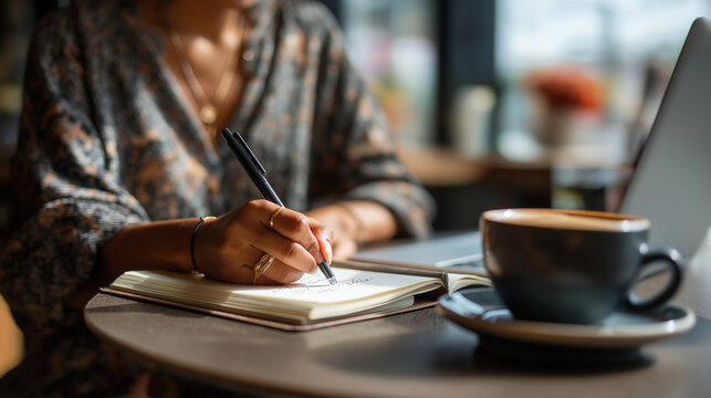 young Indian businesswoman sketching startup ideas in a notebook at modern café, laptop and coffee cup, soft daylight, creative vibe