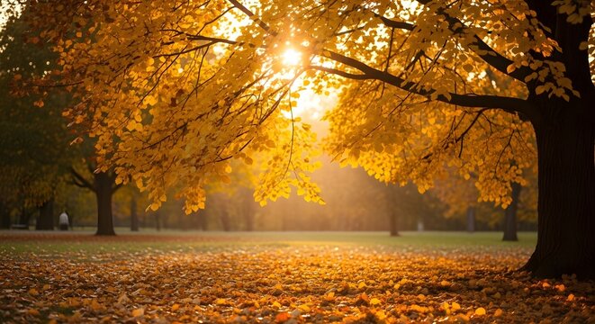 Bright sun rays illuminate golden autumn leaves covering trees and ground in a peaceful park landscape