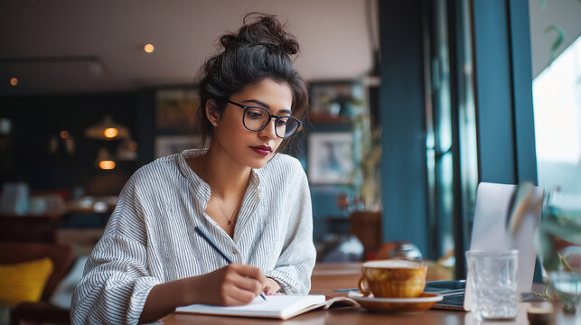 young Indian businesswoman sketching startup ideas in a notebook at modern café, laptop and coffee cup, soft daylight, creative vibe
