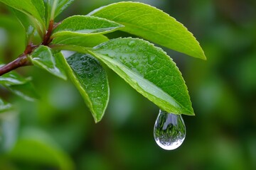 Green leaf holding a water drop with reflection