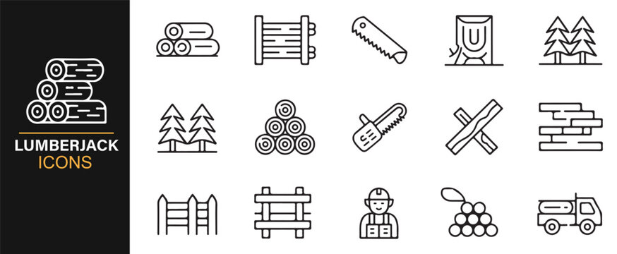 Woodcutting and forestry tools outline icons with logs, chainsaws, and timber