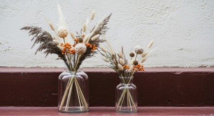 Dried flower arrangement in glass vases. Bohemian home decor with pampas grass and poppy seed heads. Minimalist autumn composition for interior design. Rustic floral decoration