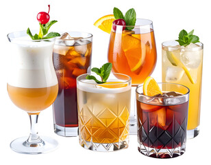 Assortment of colorful cocktails with garnishes and ice in elegant glasses for a refreshing beverage display