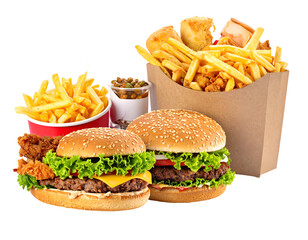 A variety of fast food items including burgers, fries, and condiments displayed together for a meal
