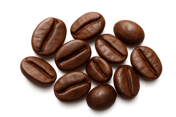 Roasted coffee beans scattered, creating an energetic and aromatic drink ingredient on a transparent background