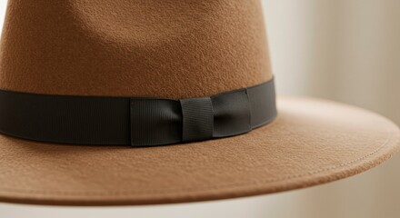 Close-up of a stylish brown fedora hat with a black ribbon band.