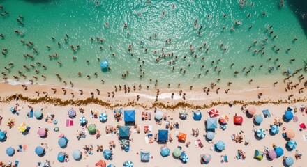Aerial drone view of a crowded beach scene. People swimming in turquoise water and relaxing on sand. Colorful umbrellas creating a vibrant pattern. Summer vacation and holiday travel concept