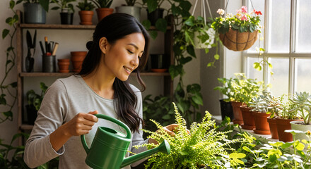 A smiling woman lovingly waters a fern amidst a vibrant collection of houseplants in sunlight, creating a serene and nurturing mood.