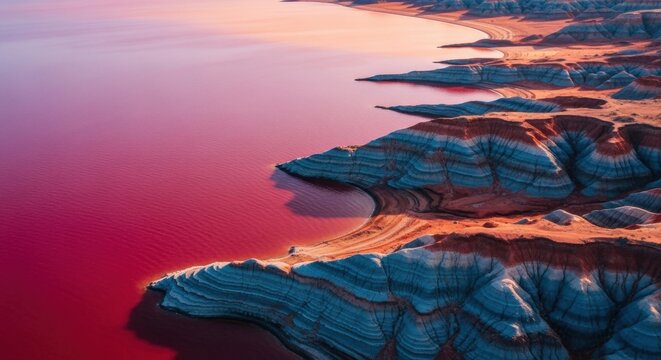 Surreal pink lake with a colorful coastline from an aerial perspective. Unique geological formations with vibrant mineral deposits. Abstract natural patterns and an otherworldly landscape