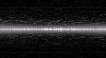 Conceptual abstract visualization of sound waves repeating in an infinite, atmospheric void, emphasizing deep spatial quality and sonic feedback ,perspective ,echo ,wave