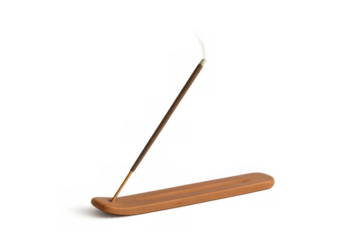 Incense stick standing in a wooden holder for aromatherapy, meditation, relaxation, and spiritual practices, transparent background