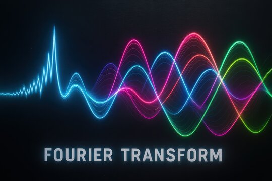 Colorful glowing sine waves representing Fourier transform principles. Use for technology advertising, education in signal theory, science communication and digital innovation visuals.