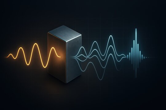 Futuristic 3D visualization of a Fourier transform block converting waveforms into frequency bars. Great for AI presentations, engineering marketing, sound processing and innovation media.
