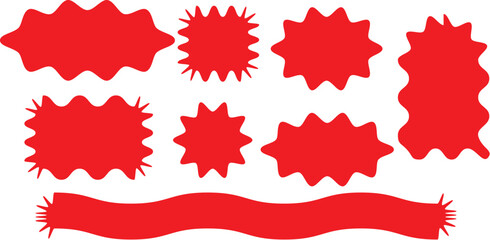 Collection of jagged red shapes and a wavy banner A collection of eight red, jagged, starburst-like shapes and one long wavy banner with fringed ends on a white background.