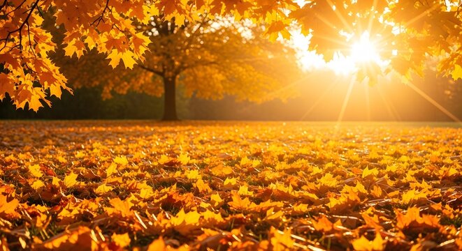 Golden autumn maple leaves on the ground and trees glowing in warm sunset light with radiant sun rays in a park. - Powered by Adobe