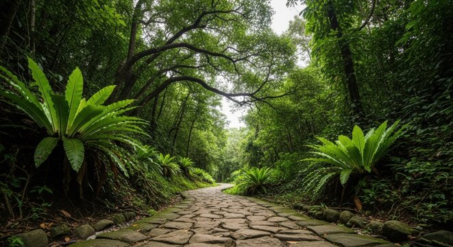 Winding stone path through a lush tropical rainforest. Ancient cobblestone trail for hiking and exploration. Vibrant green ferns and jungle canopy. Natural journey and eco travel concept - Powered by Adobe