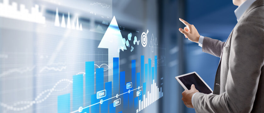 Business intelligence. Diagram, Graph, Stock Trading, Investment dashboard. Arrows up
