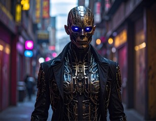 Futuristic android in a dimly lit alley, glowing eyes