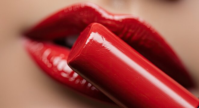 Close-up of Red Lipstick and Glossy Lips