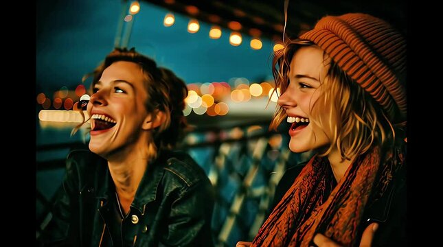 Twilight Laughter: Friends Sharing Joy Under String Lights