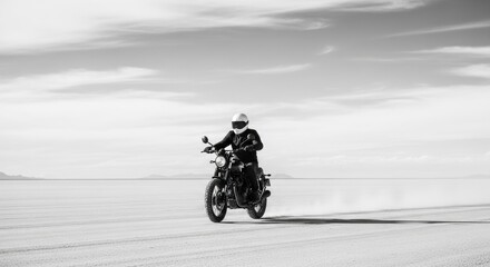 Biker riding a classic motorcycle across a vast landscape. Minimalist black and white aesthetic for adventure marketing. Freedom and solitude concept for travel lifestyle