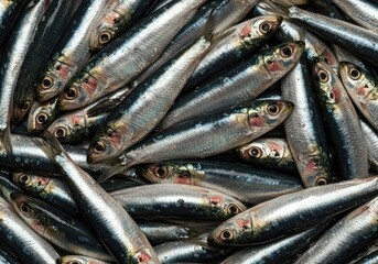 Fresh, silver sardines arranged closely together, shimmering under a light source, emphasizing the raw texture of the small fish ,healthy ,ocean ,delicacy